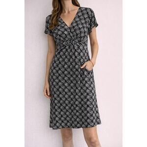 Kim Rogers Petite Large Black White Print Ruched Dress Short Sleeve